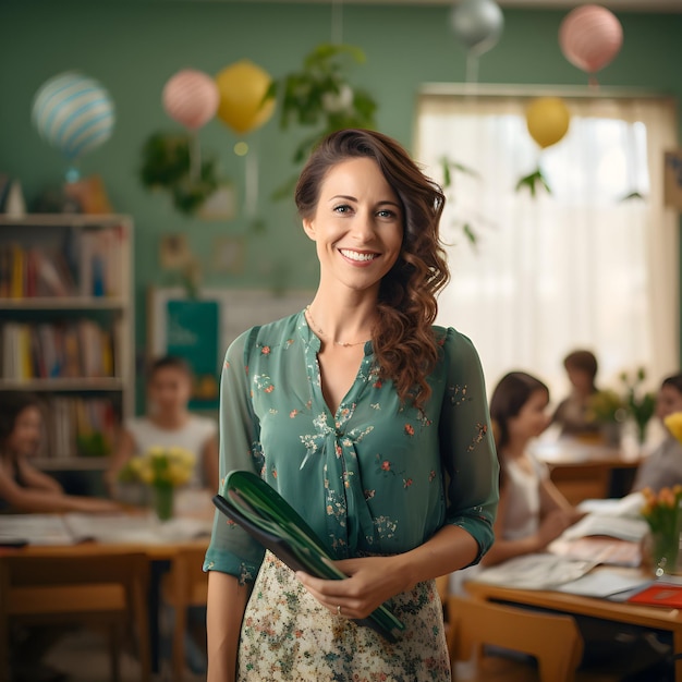 Foto Lehrerin feiert glücklichen Lehrertag mit ihren Schülern generative KI