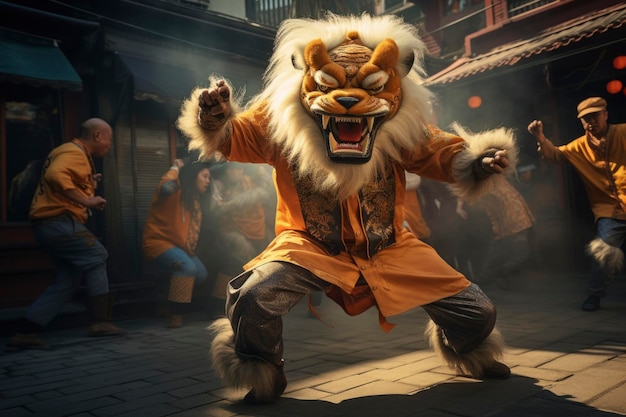 Foto de un león chino bailando en la calle