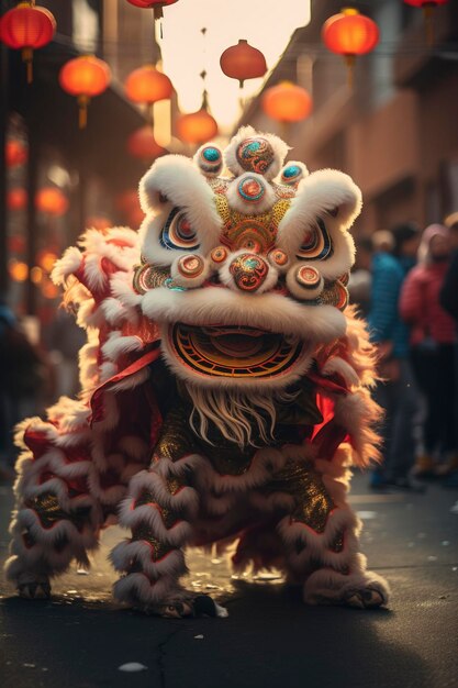 Foto de un león chino bailando en la calle