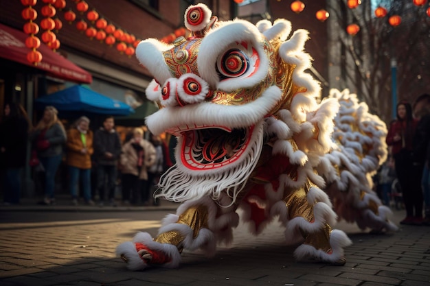 Foto de un león chino bailando en la calle