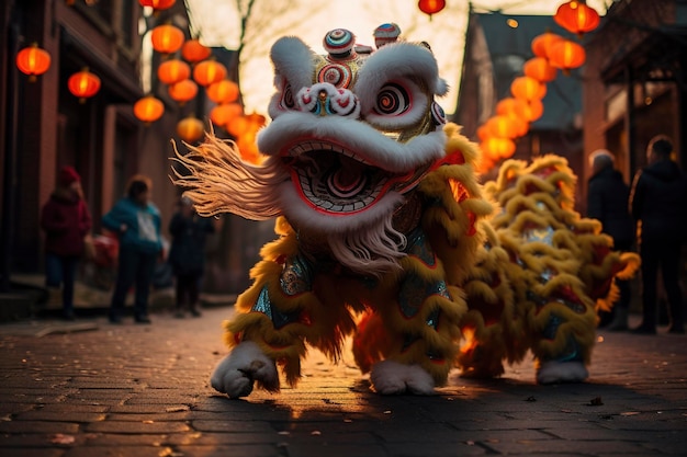 Foto de un león chino bailando en la calle