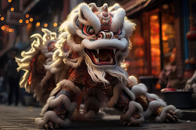 Foto de un león chino bailando en la calle