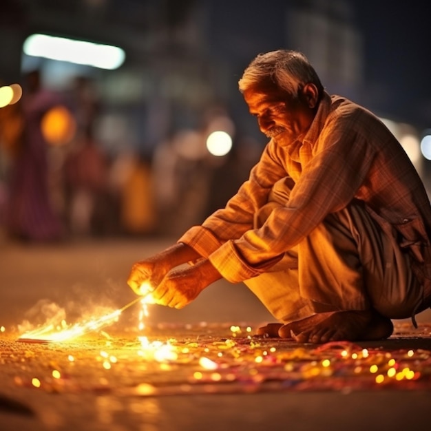 Foto libre de Indios hindúes felices iluminando a Deepa en el día de Diwali