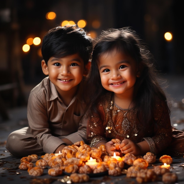 Foto libre de Indios hindúes felices iluminando a Deepa en el día de Diwali