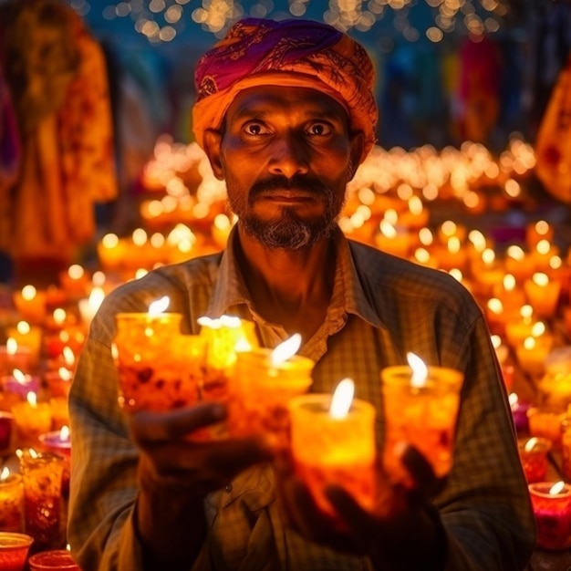 Foto libre de Indios hindúes felices iluminando a Deepa en el día de Diwali