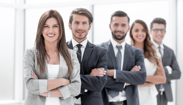 Foto de líder y equipo de negocios profesional con espacio de copia