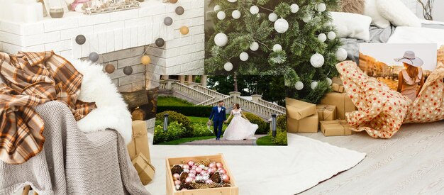 Foto lienzo boda sobre fondo de interior navideño