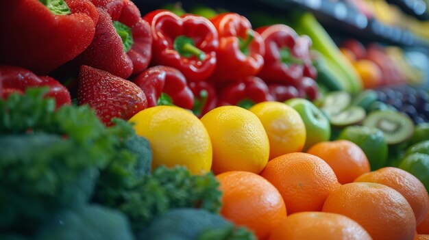 Foto foto limpia y nítida que destaca la variedad saludable de frutas y verduras en el refrigerador