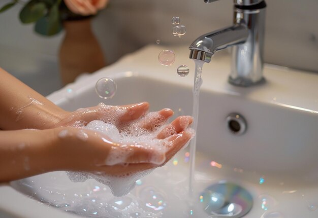 Foto de limpieza profunda lavando las manos con agua y burbujas de muñeca de jabón en el fregadero del baño