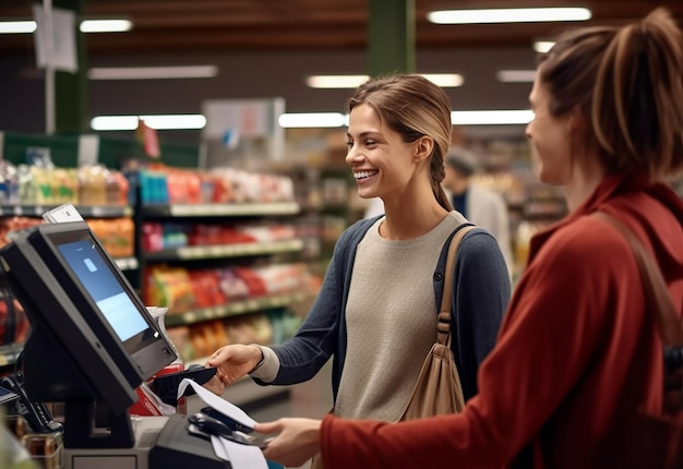 Foto de una linda cajera de supermercado con una linda sonrisa y ayudando a los clientes