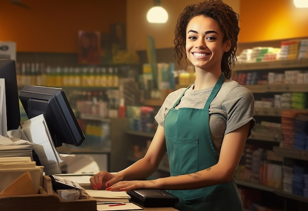 Foto de una linda cajera de supermercado con una linda sonrisa y ayudando a los clientes