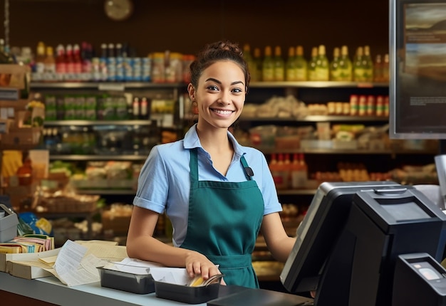 Foto de una linda cajera de supermercado con una linda sonrisa y ayudando a los clientes