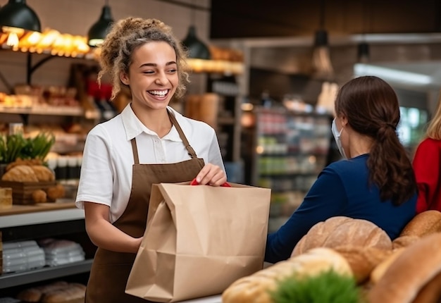 Foto de una linda cajera de supermercado con una linda sonrisa y ayudando a los clientes