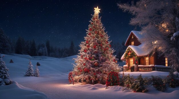 Foto linda casa de inverno e cobertura de árvore de Natal com neve na montanha