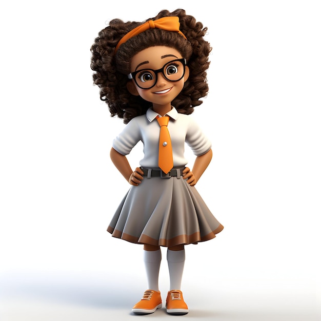 Foto linda chica feliz personaje de dibujos animados listo para ir a la escuela en blanco ai generativo