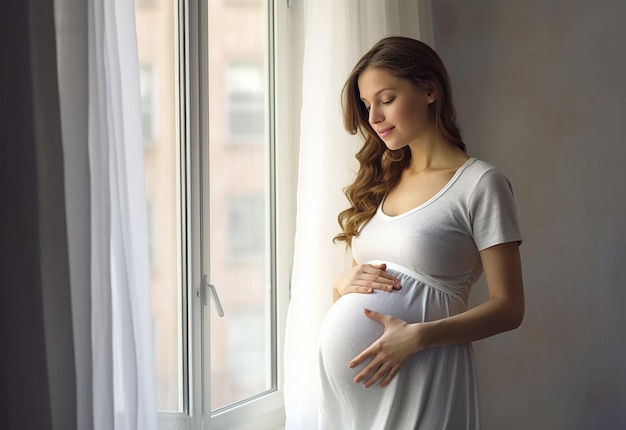 Foto de una linda y feliz madre embarazada tocando su vientre