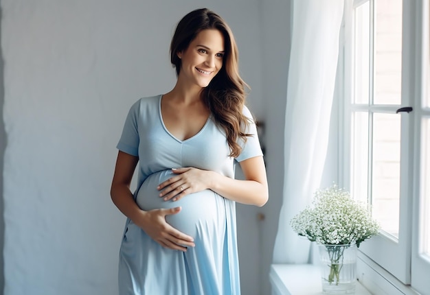 Foto de una linda y feliz madre embarazada tocando su vientre