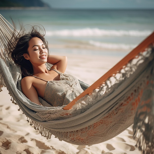 Foto foto linda jovem mulher asiática relaxando na rede