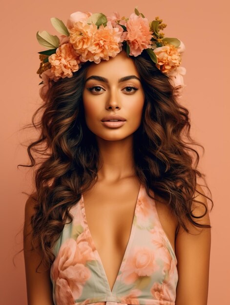 Foto linda jovem usando coroa de flores do Havaí em fundo pastel