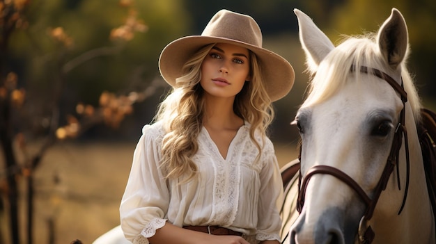 foto linda mulher em pé com um cavalo