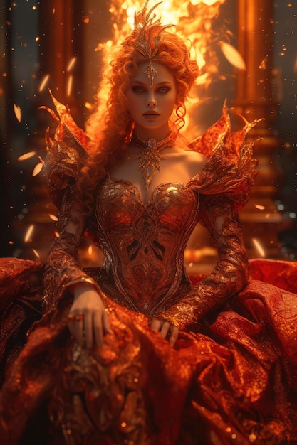 Foto linda mulher guerreira em um vestido vermelho com fogo
