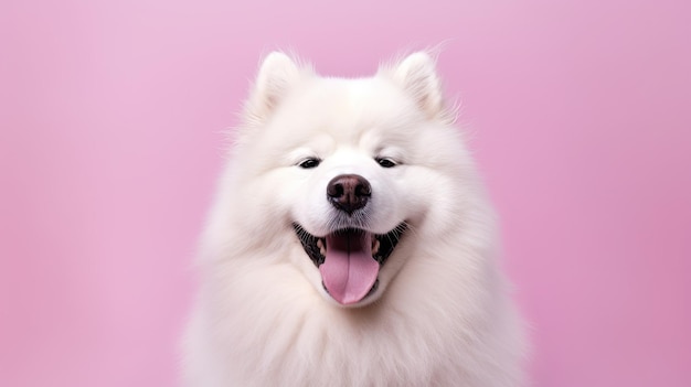 Foto lindo cachorro samoiedo feliz no retrato de fundo rosa