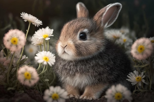 Una foto de un lindo conejito con flores.