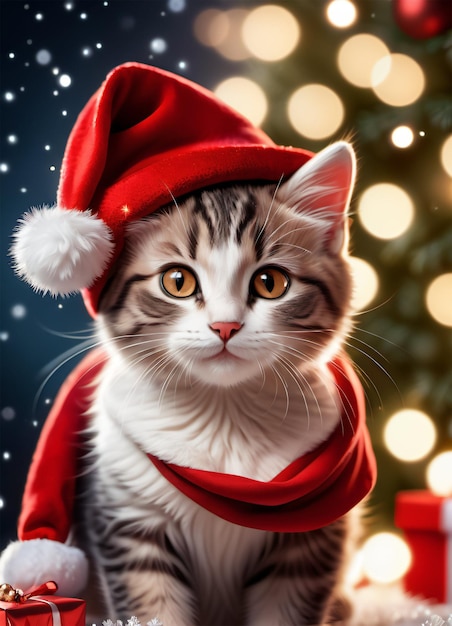 Foto del lindo gatito navideño con gorro de Papá Noel y bufanda roja