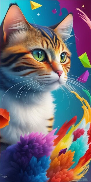 Foto foto lindo gato con flores de colores sobre fondo abstracto ilustración vectorial