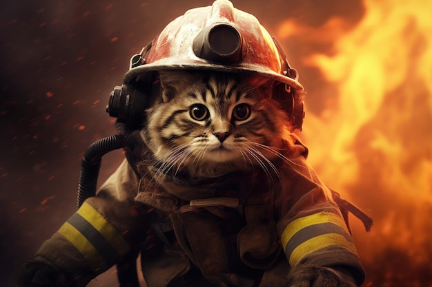 Foto de un lindo gato con traje de bombero entre incendios