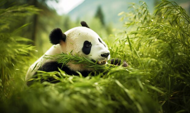 Foto lindo oso panda hambriento comiendo bambú