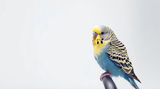 Foto de un lindo pájaro Budgie aislado sobre un fondo blanco