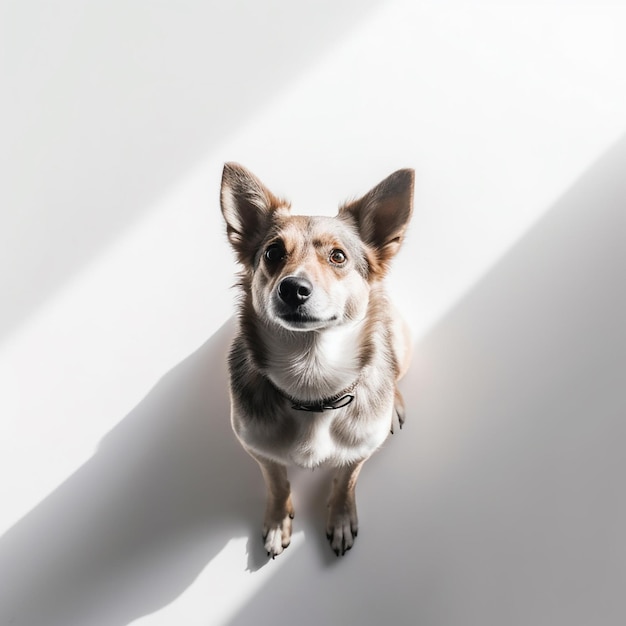 Foto de un lindo perro sentado de arriba a abajo en altura sobre un fondo blanco