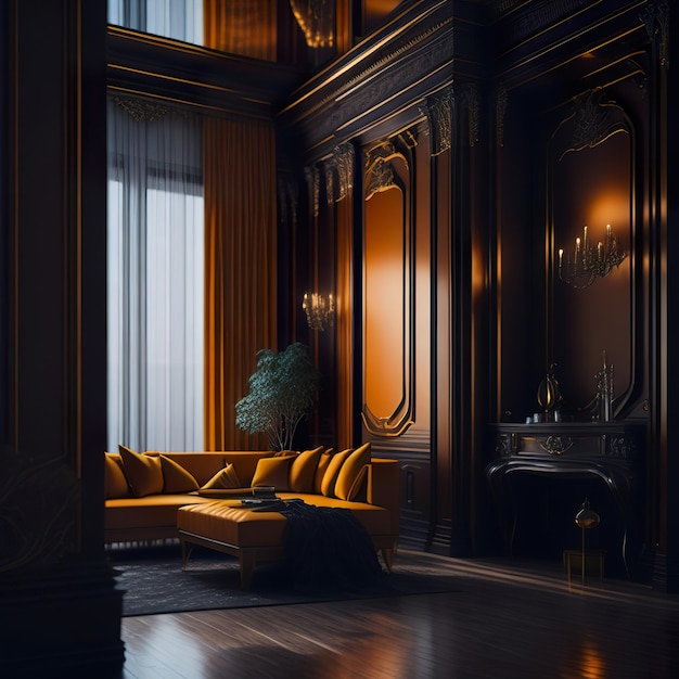Foto lindo quarto com detalhes dourados e móveis luxuosos