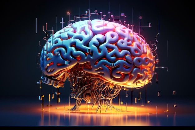 Foto línea cerebro el fondo es placa de circuito y punto abstracto conectarse con línea de gradiente representación vívida de un cerebro digital Ai generado