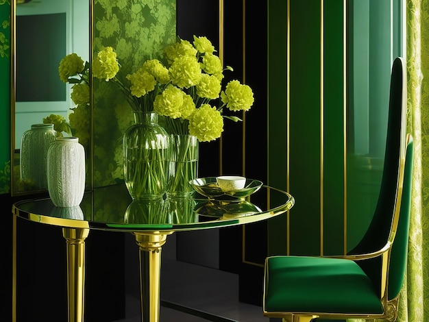 Foto de líneas doradas sobre papel tapiz verde, una mesa, una silla y un jarrón generada por IA
