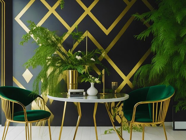 Foto de líneas doradas sobre papel tapiz verde, una mesa, una silla y un jarrón generada por IA