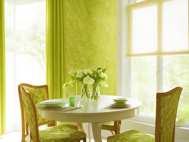 Foto de líneas doradas sobre papel tapiz verde, una mesa, una silla y un jarrón generada por IA