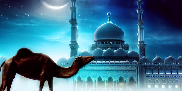 Foto de una linterna de cabra y una mezquita Fondo EID AL ADAAH vista detallada en 8K