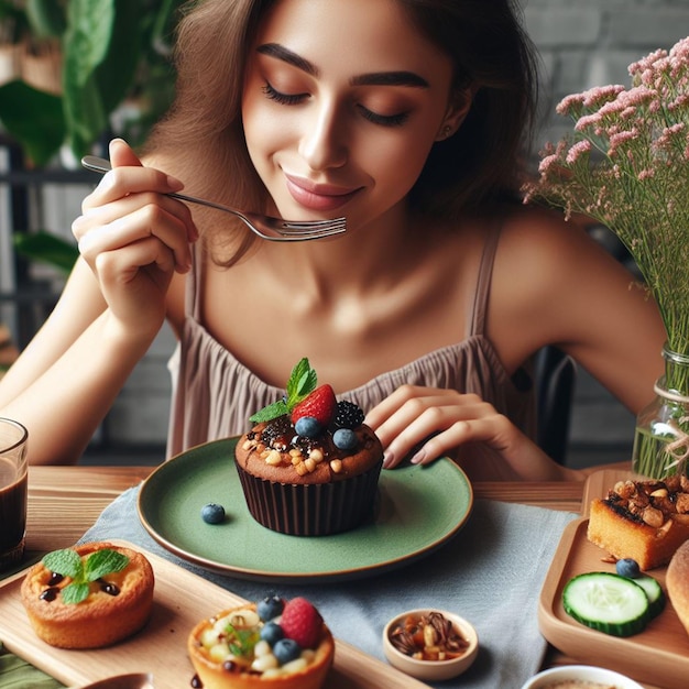 Foto foto livre mulher comendo comida deliciosa