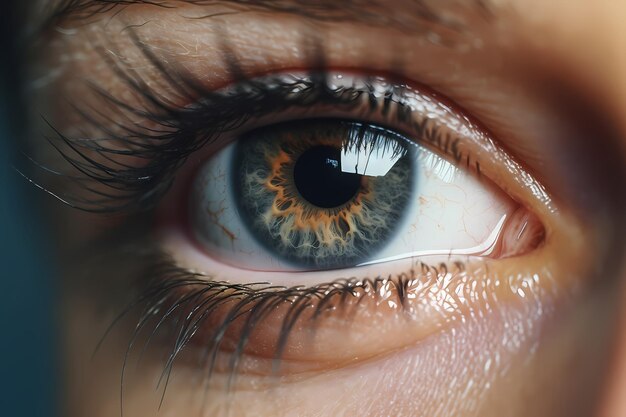 Foto de un llamativo ojo azul y amarillo en una escena cinematográfica en primer plano