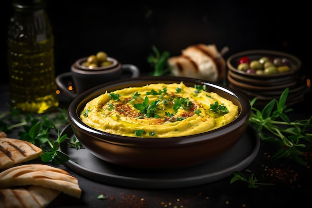 Foto de la llovizna de aceite de oliva en el hummus