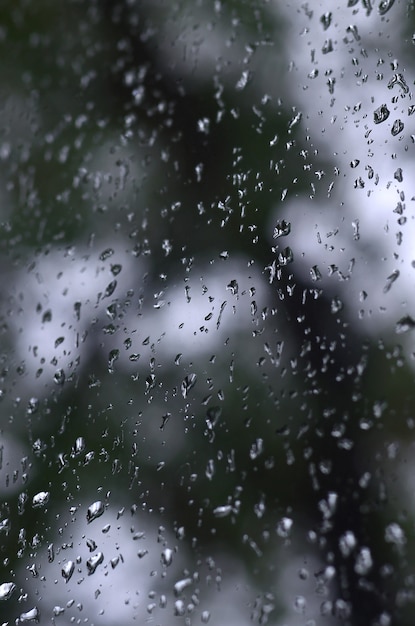 Una foto de la lluvia cae sobre el cristal de la ventana con una vista borrosa de los árboles verdes en flor.