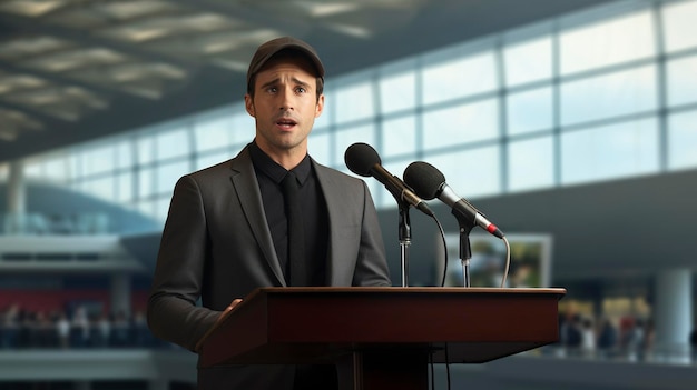 Una foto de un locutor de anuncios públicos en un aeropuerto.