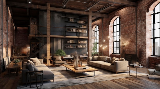 Una foto de un loft elegante e industrial con conductos expuestos y paredes de ladrillo