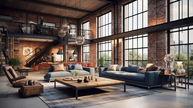 Una foto de un loft industrial moderno con paredes de ladrillo expuestas