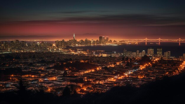 Una foto de las luces de la ciudad al anochecer