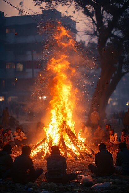 Foto de los lugareños encendiendo hogueras tradicionales en el Festival Lohri I Festival Holiday Concept