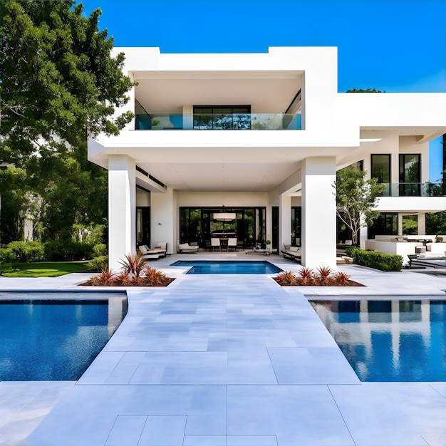Foto de una lujosa villa moderna con una impresionante piscina y una pasarela al frente