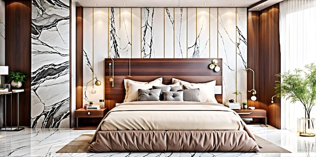 Foto de un lujoso dormitorio con elegantes paredes de mármol y una impresionante cama de mármol